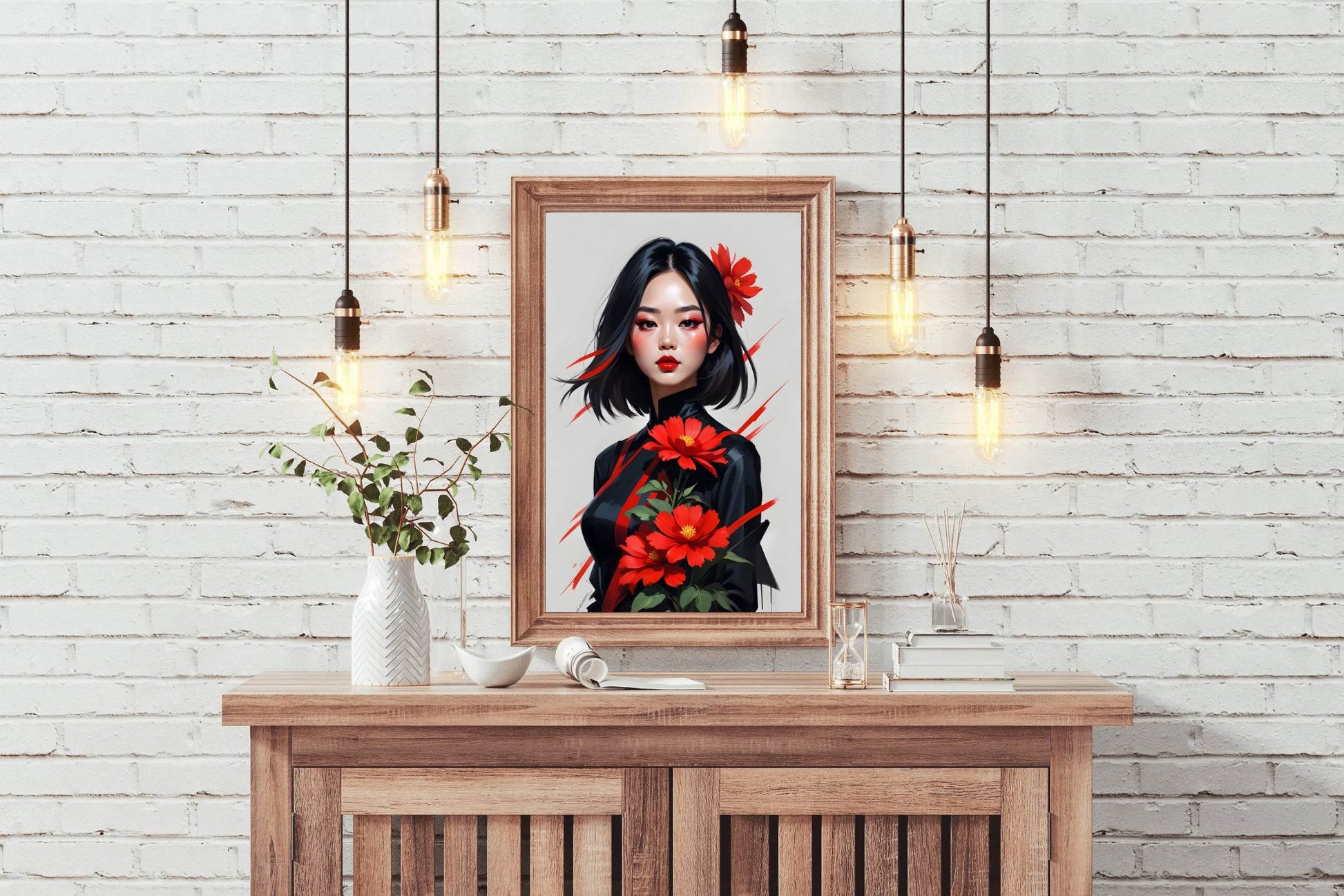 Asian Style lady with Red Flower Wall Art - beink online art store