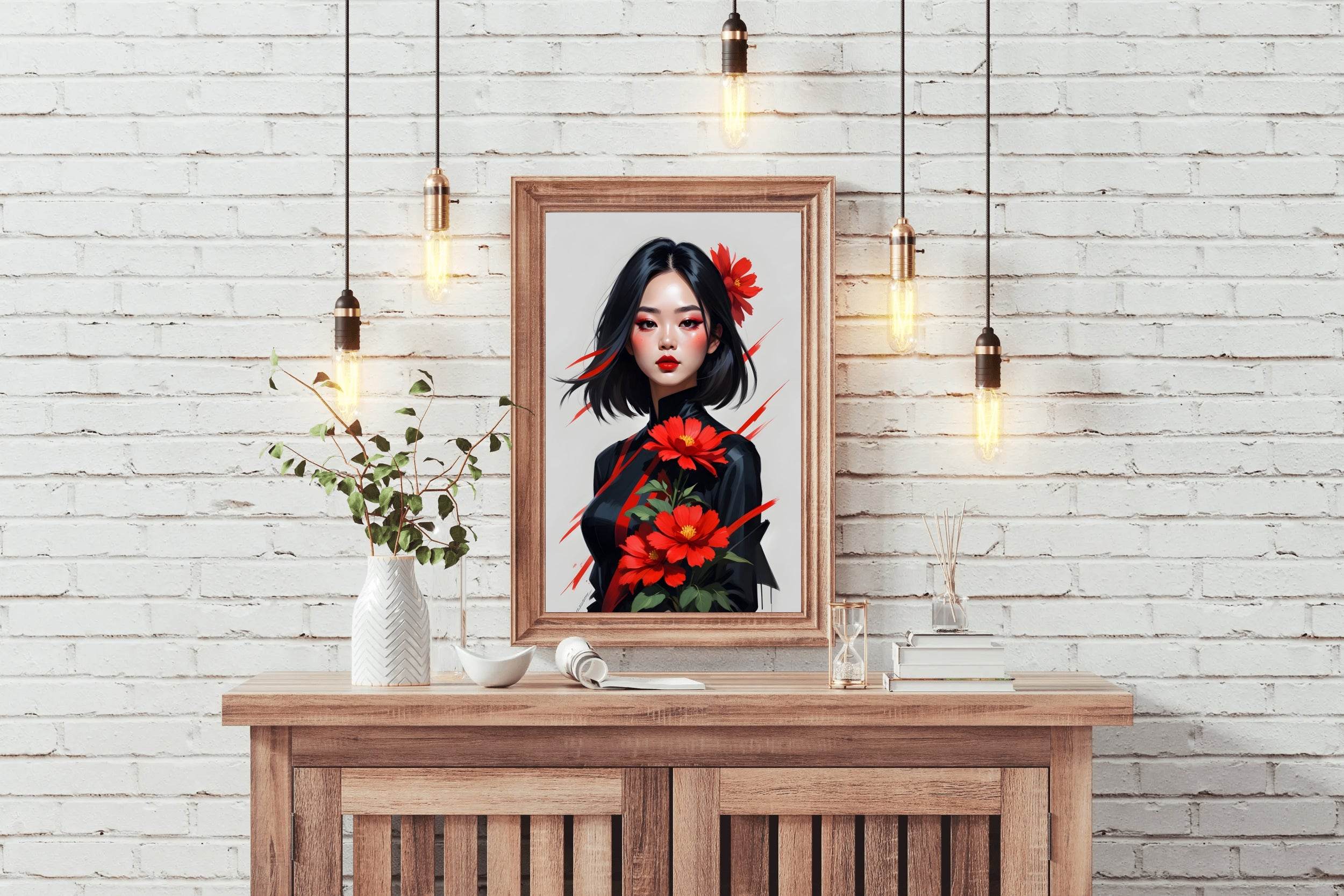 Asian Style lady with Red Flower Wall Art - beink online art store