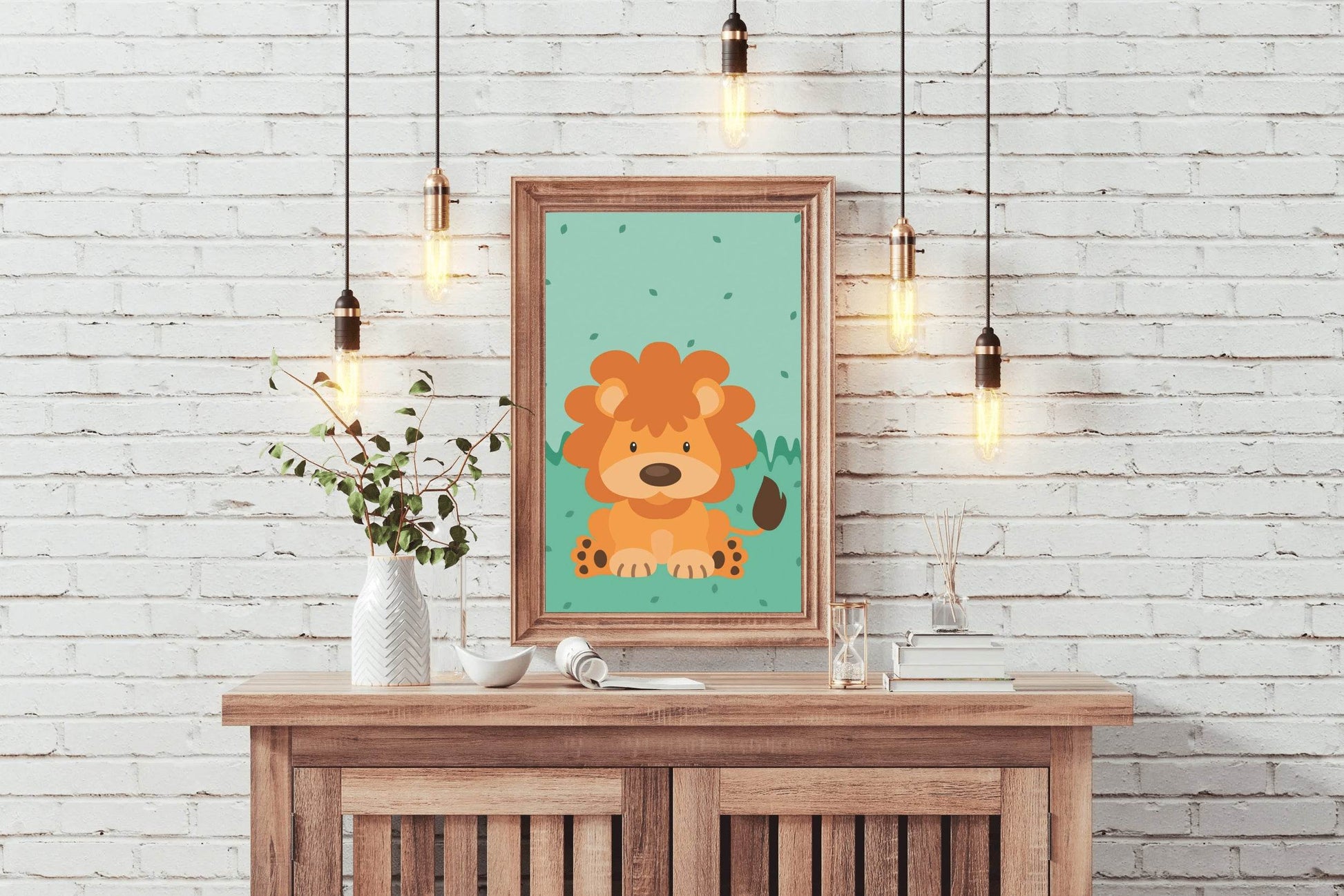 Cartoonish Little Lion Sitting on Grass - beink online art store