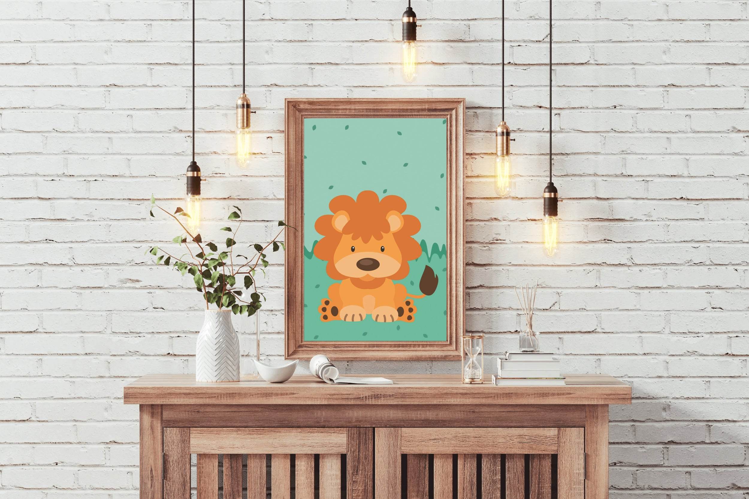 Cartoonish Little Lion Sitting on Grass - beink online art store