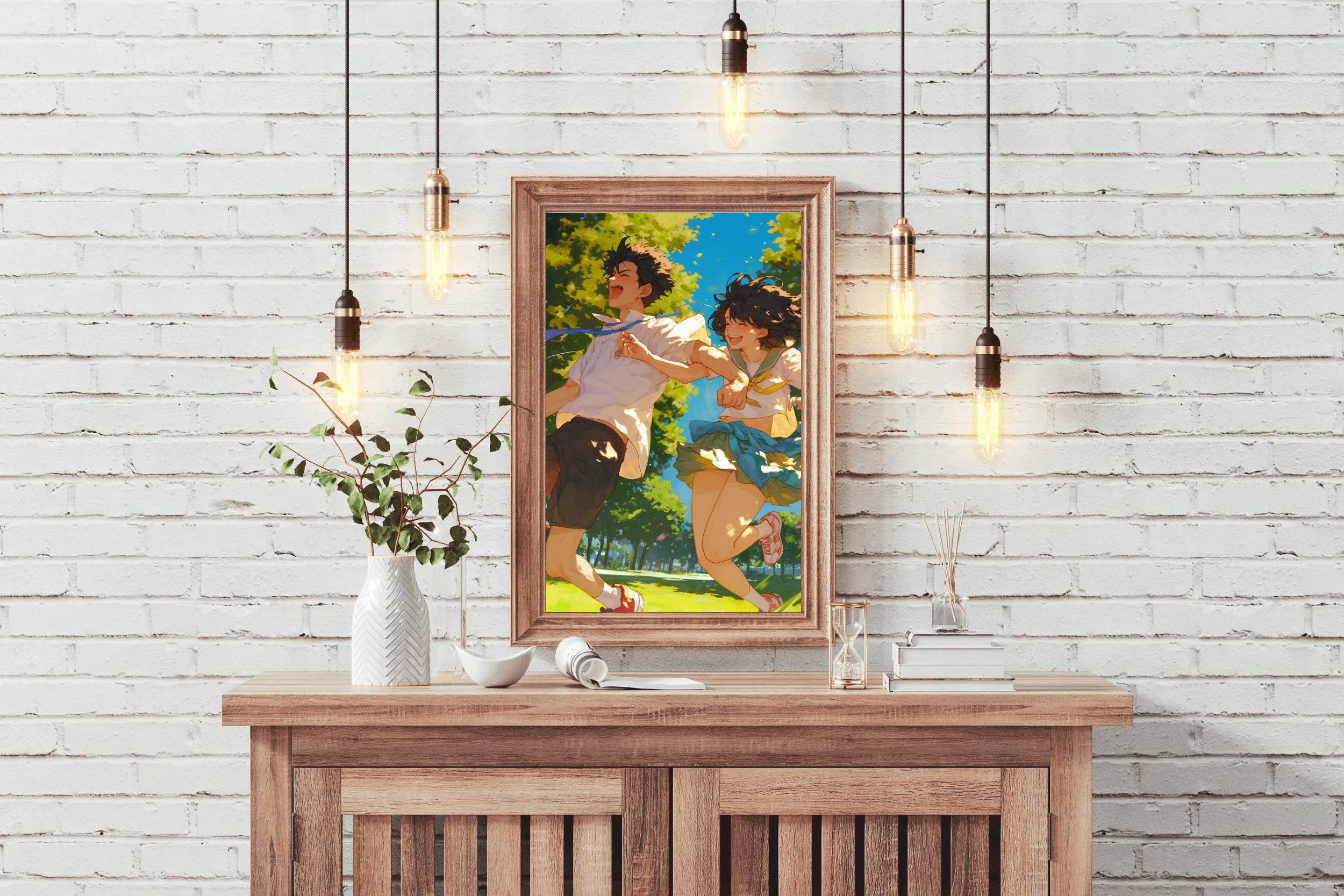 Anime style Boy and Girl Couple Running Wall Art - beink online art store