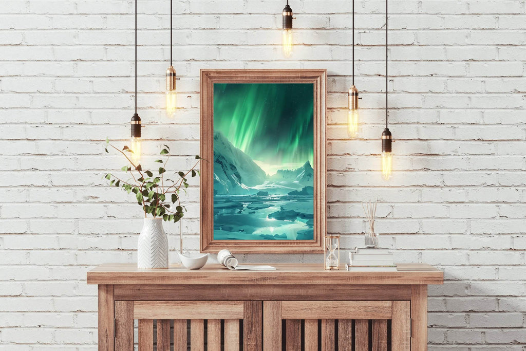 Large Mountain Covered in Snow and Green lights Wall Art - beink online art store