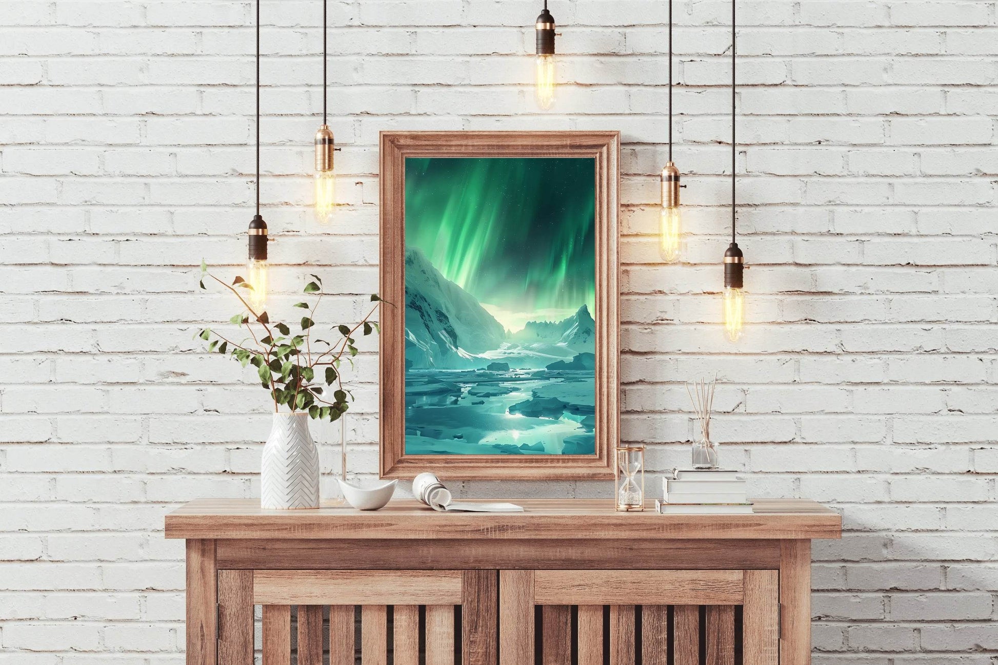 Large Mountain Covered in Snow and Green lights Wall Art - beink online art store