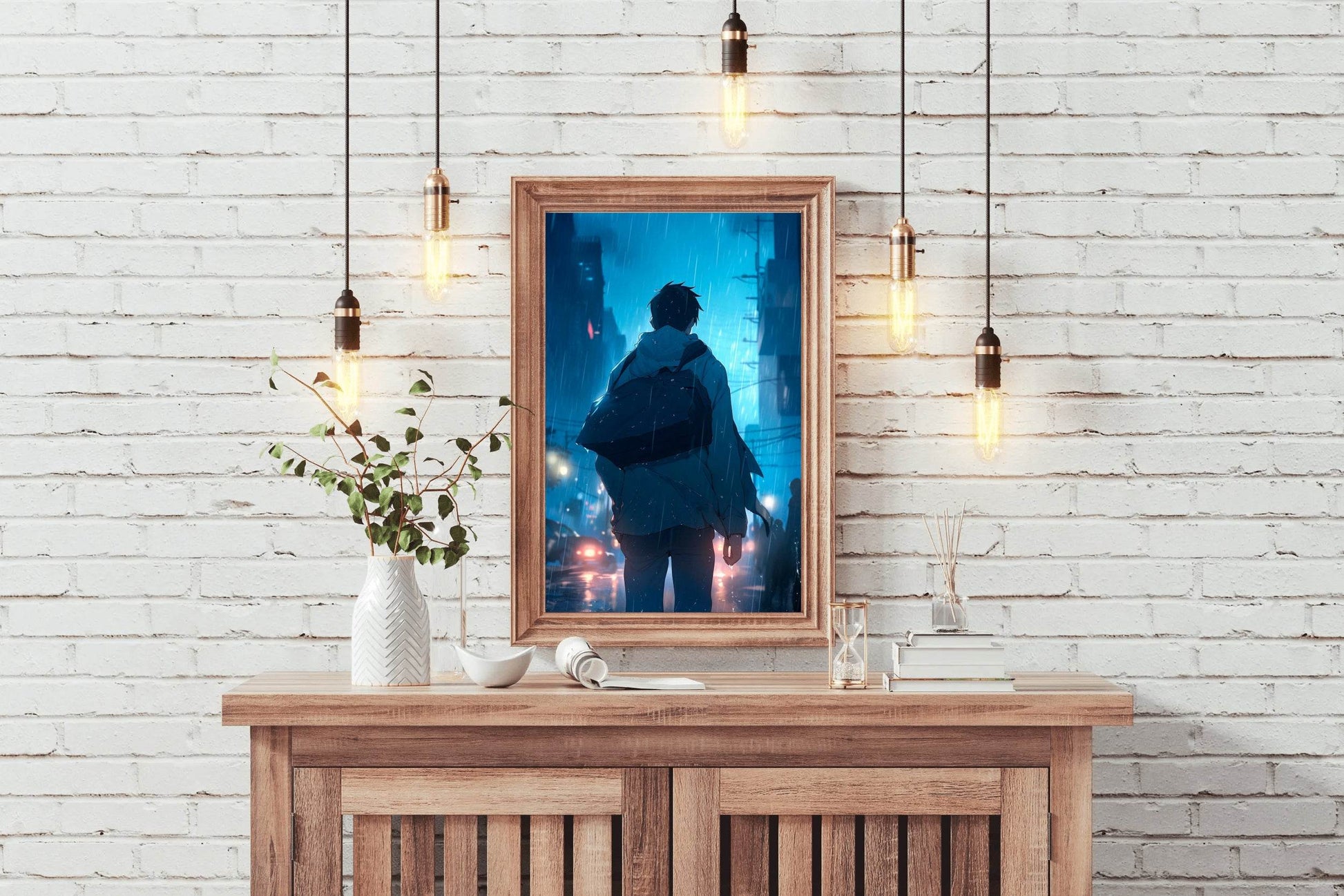 A Person in the rain Anime Boy Standing in Rain Anime Wall Art - beink online art store