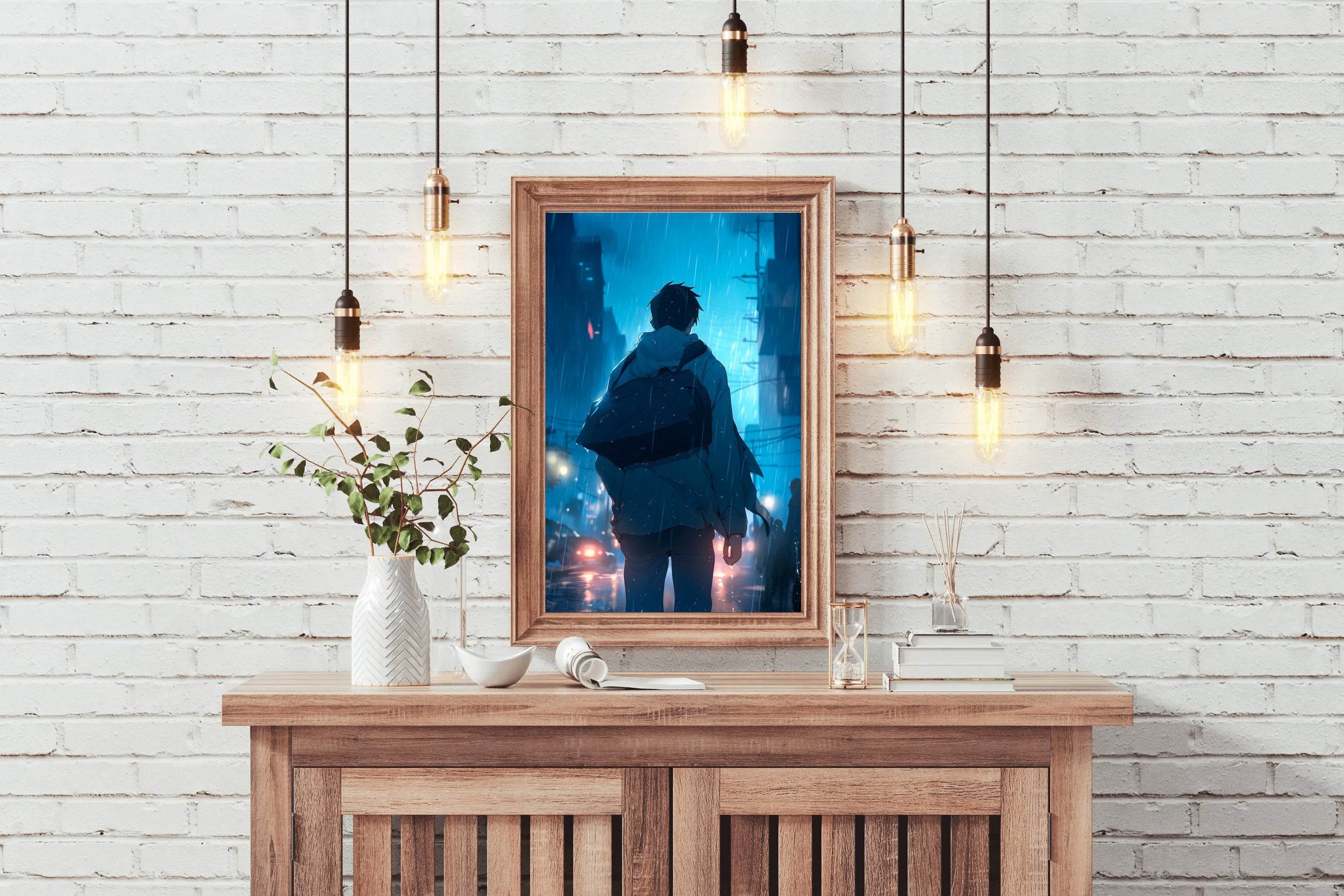 A Person in the rain Anime Boy Standing in Rain Anime Wall Art - beink online art store