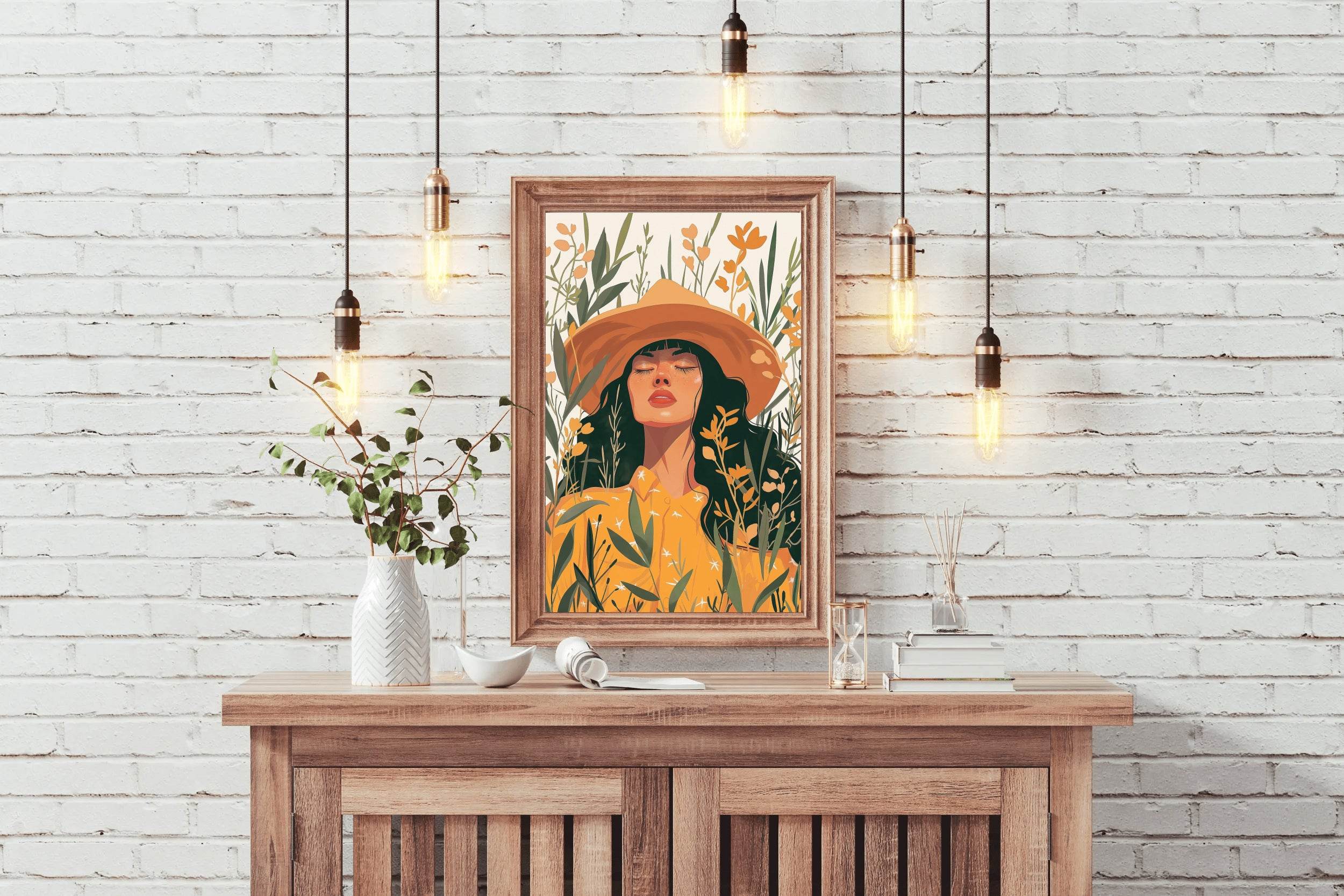 Woman in Yellow Dress and Hat in a Tropical Forest Eyes closed ArtWork - beink online art store