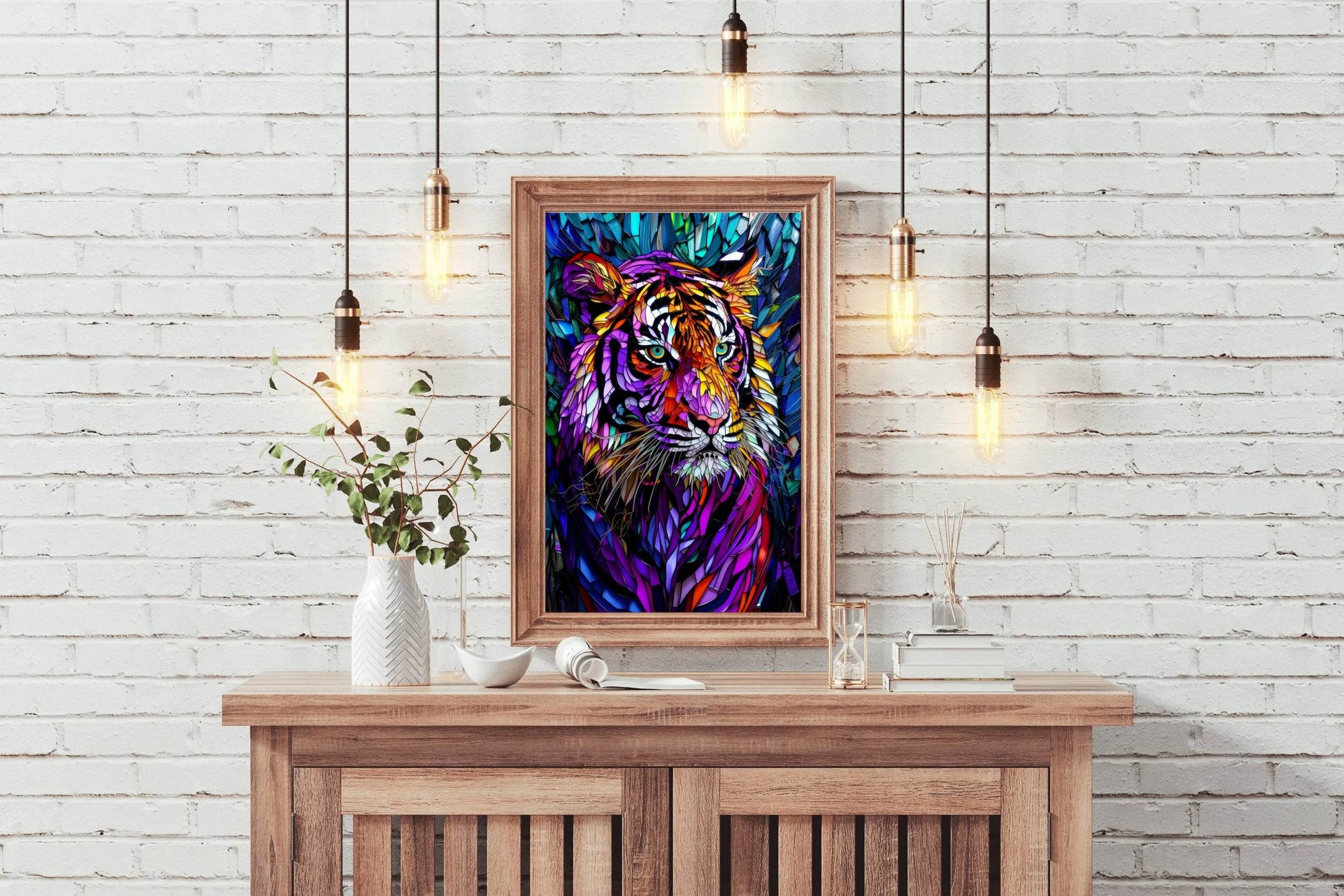 Abstract Stained Glass Painting of Colorful Tiger - beink online art store