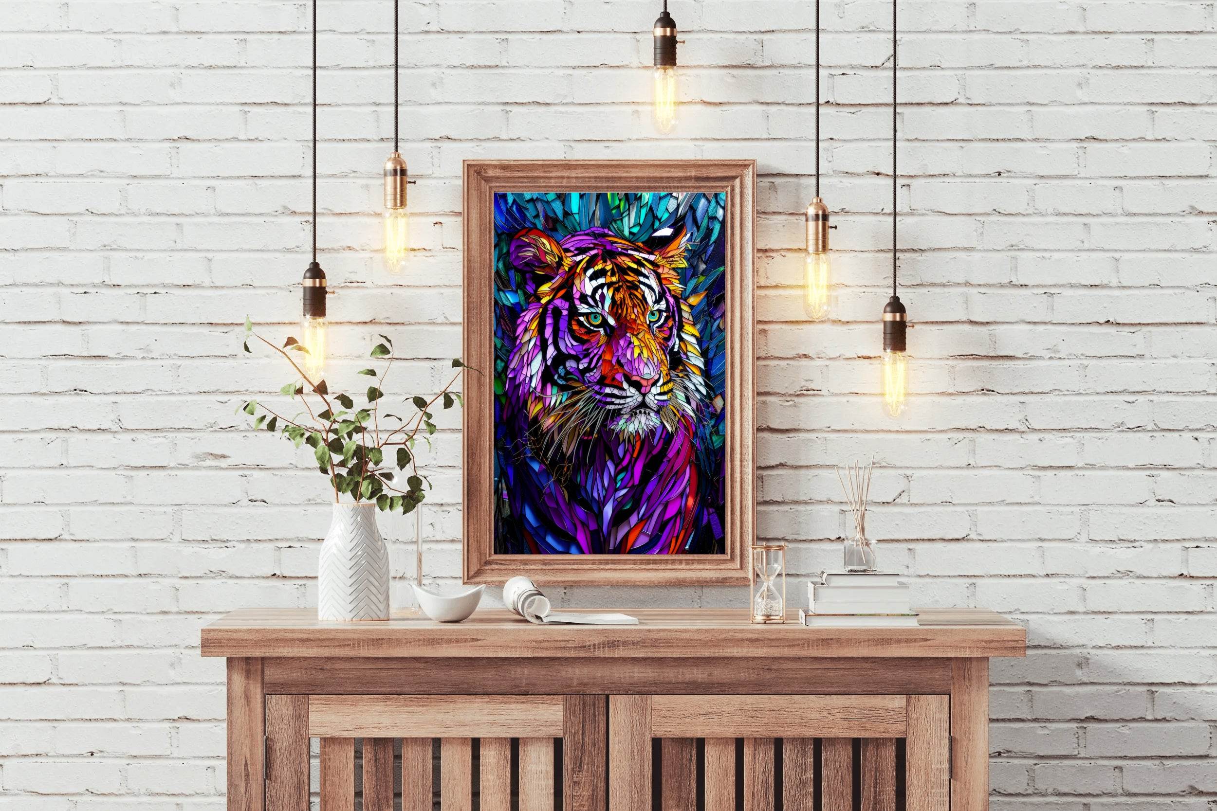 Abstract Stained Glass Painting of Colorful Tiger - beink online art store
