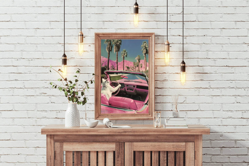 Cat Driving A Pink Car Wall Art - beink online art store