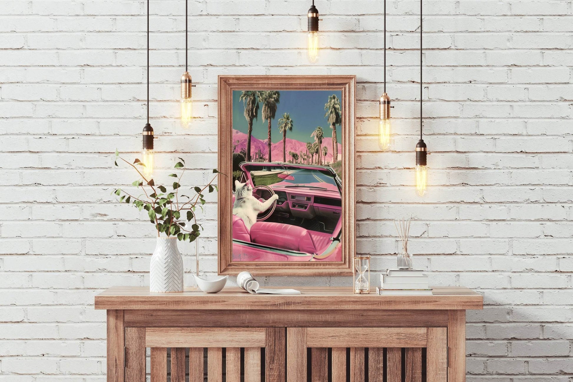 Cat Driving A Pink Car Wall Art - beink online art store