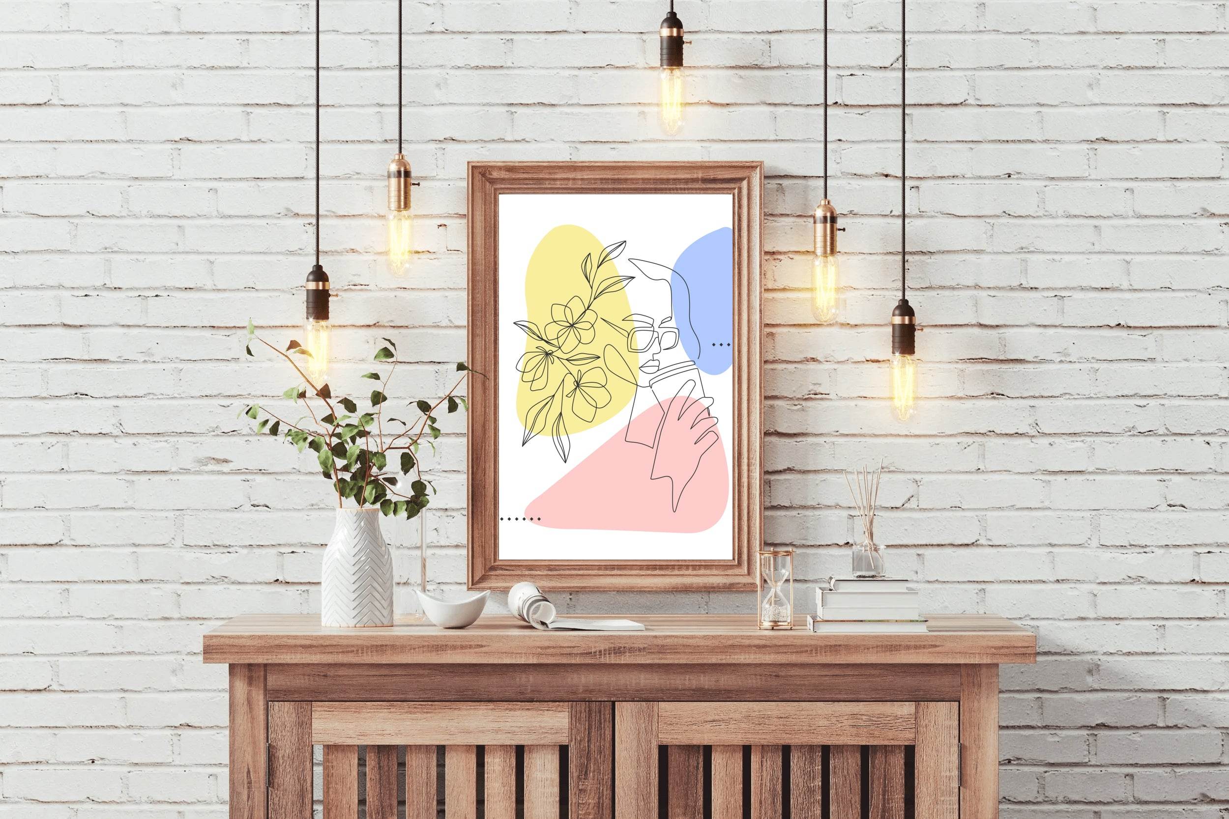 Minimal Woman and Flower Drinking Coffee Wall Art - beink online art store