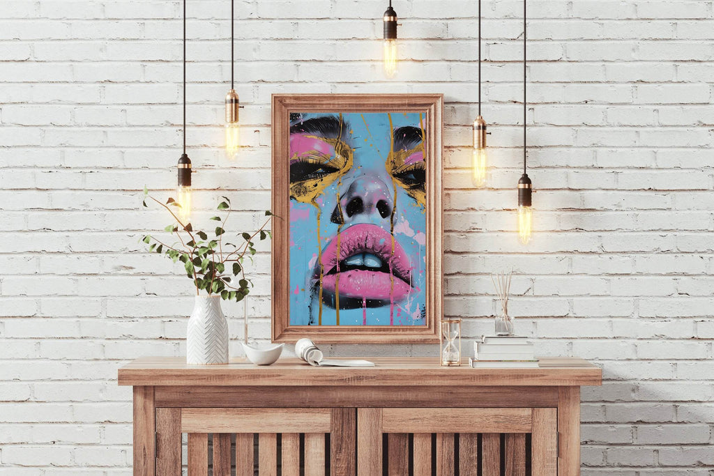 Painting of a Woman with a Tear Drop on her Face with Pink and Gold Wall Art - beink online art store