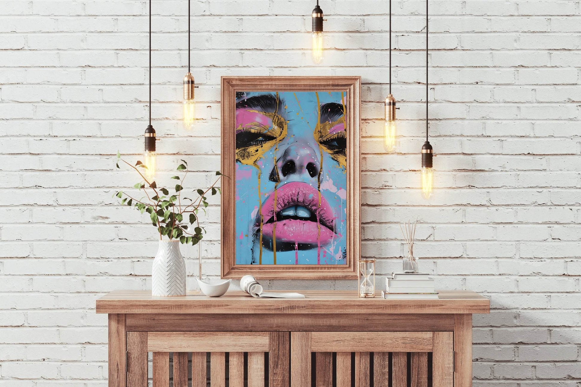 Painting of a Woman with a Tear Drop on her Face with Pink and Gold Wall Art - beink online art store