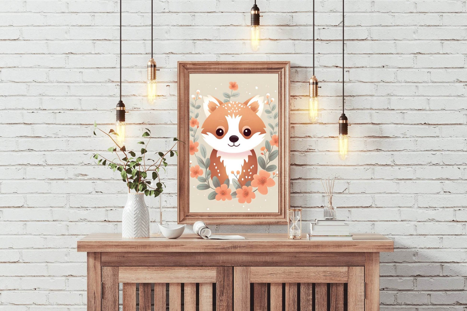 Painting of Cute Little Fox Sitting among Flowers - beink online art store
