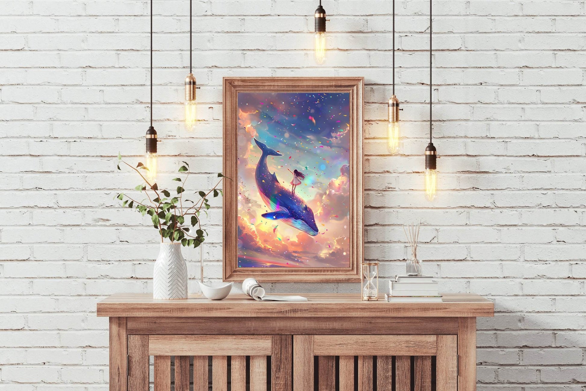 Illustration of a Girl Riding Colorful Whale - beink online art store