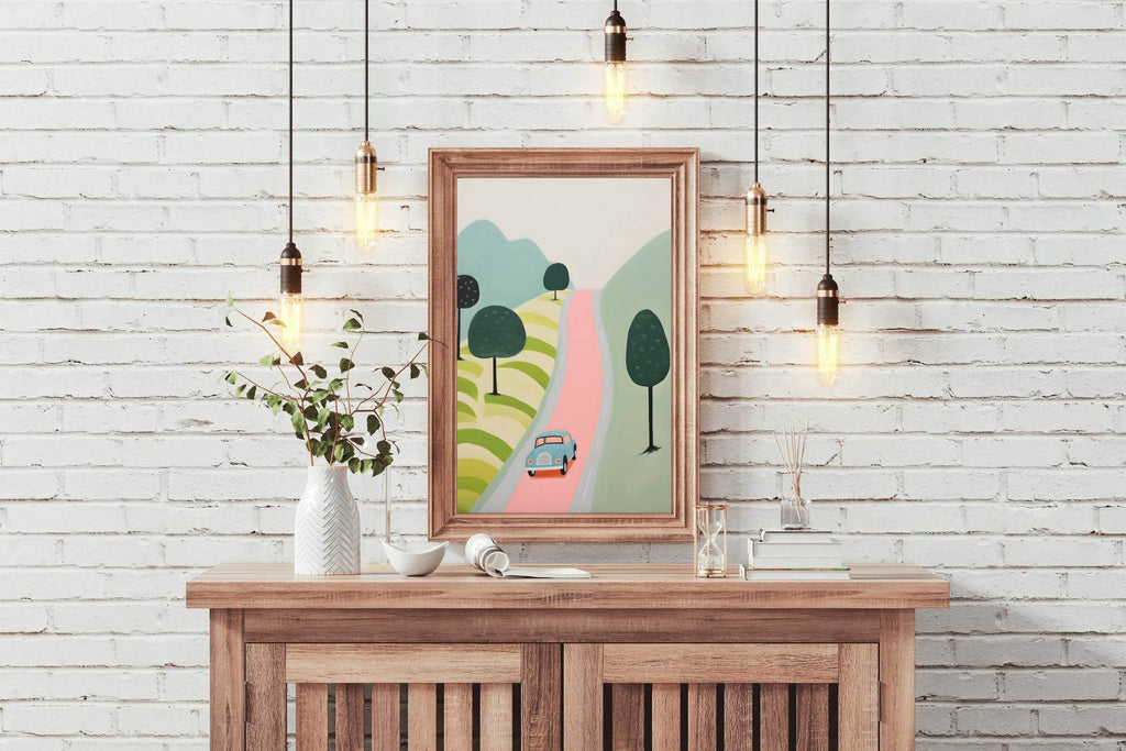 Green Car Passing From a Village - beink online art store