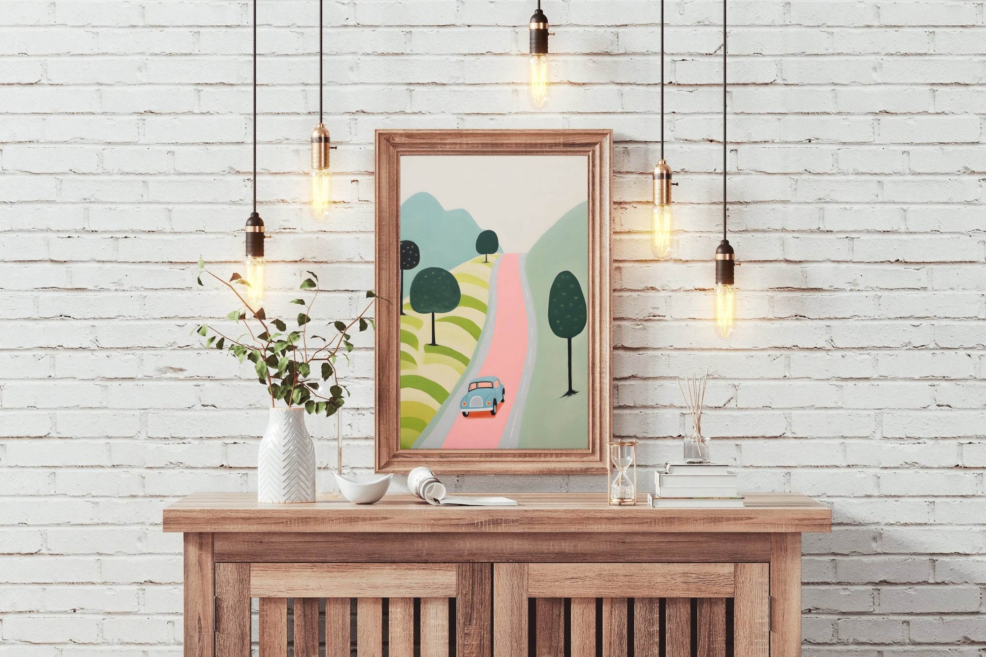 Green Car Passing From a Village - beink online art store