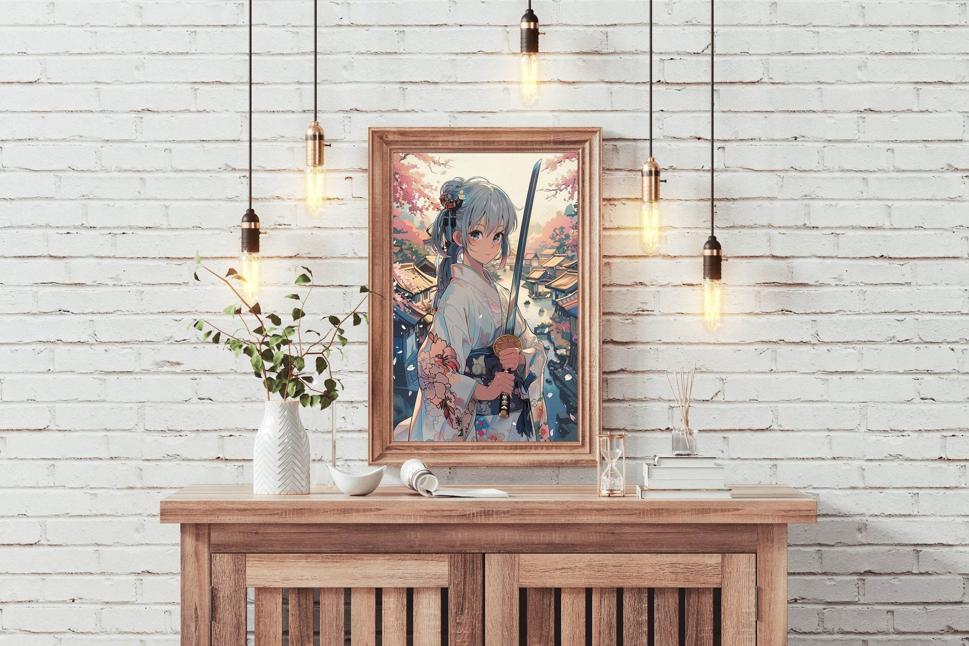 Girl Wearing Kimono Japanese Traditional in Garden Anime Wall Art - beink online art store