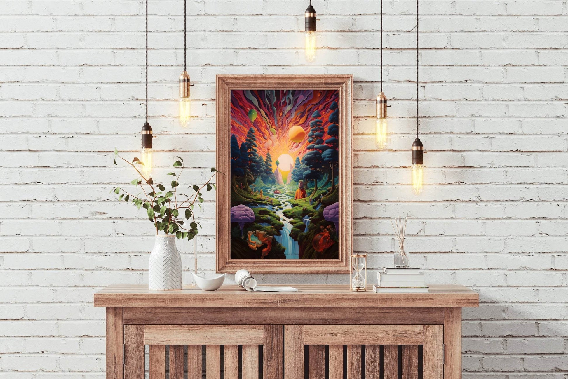 Painting of a Sunset Over a River With a Mountain Wall Art - beink online art store