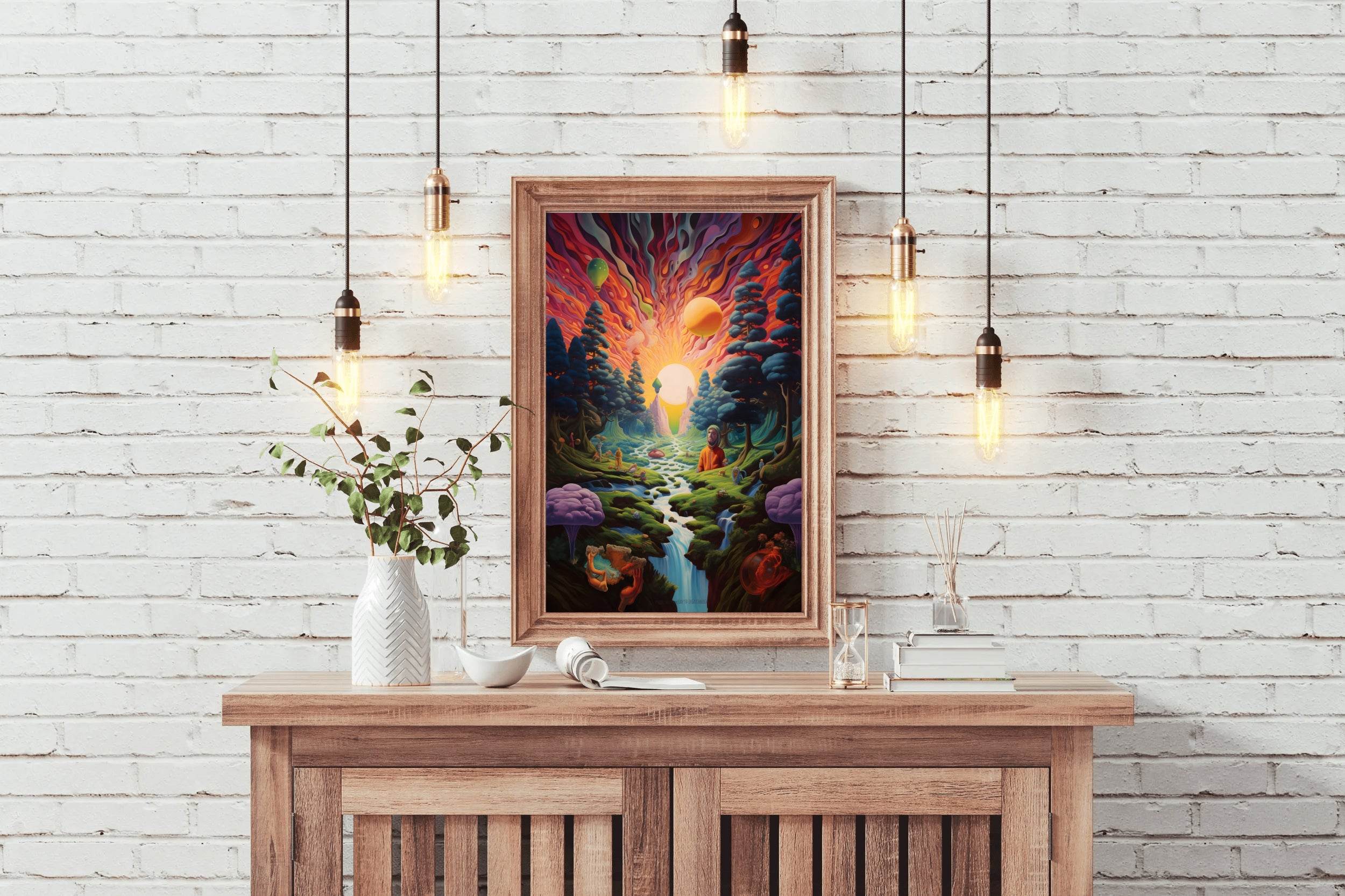 Painting of a Sunset Over a River With a Mountain Wall Art - beink online art store