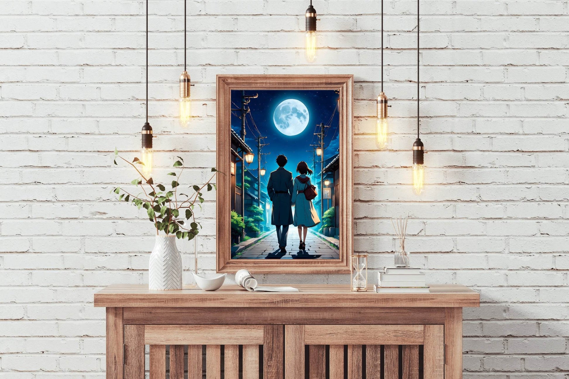 Anime scene of a Man and a Woman Walking Down Under the Moon Anime Wall Art - beink online art store
