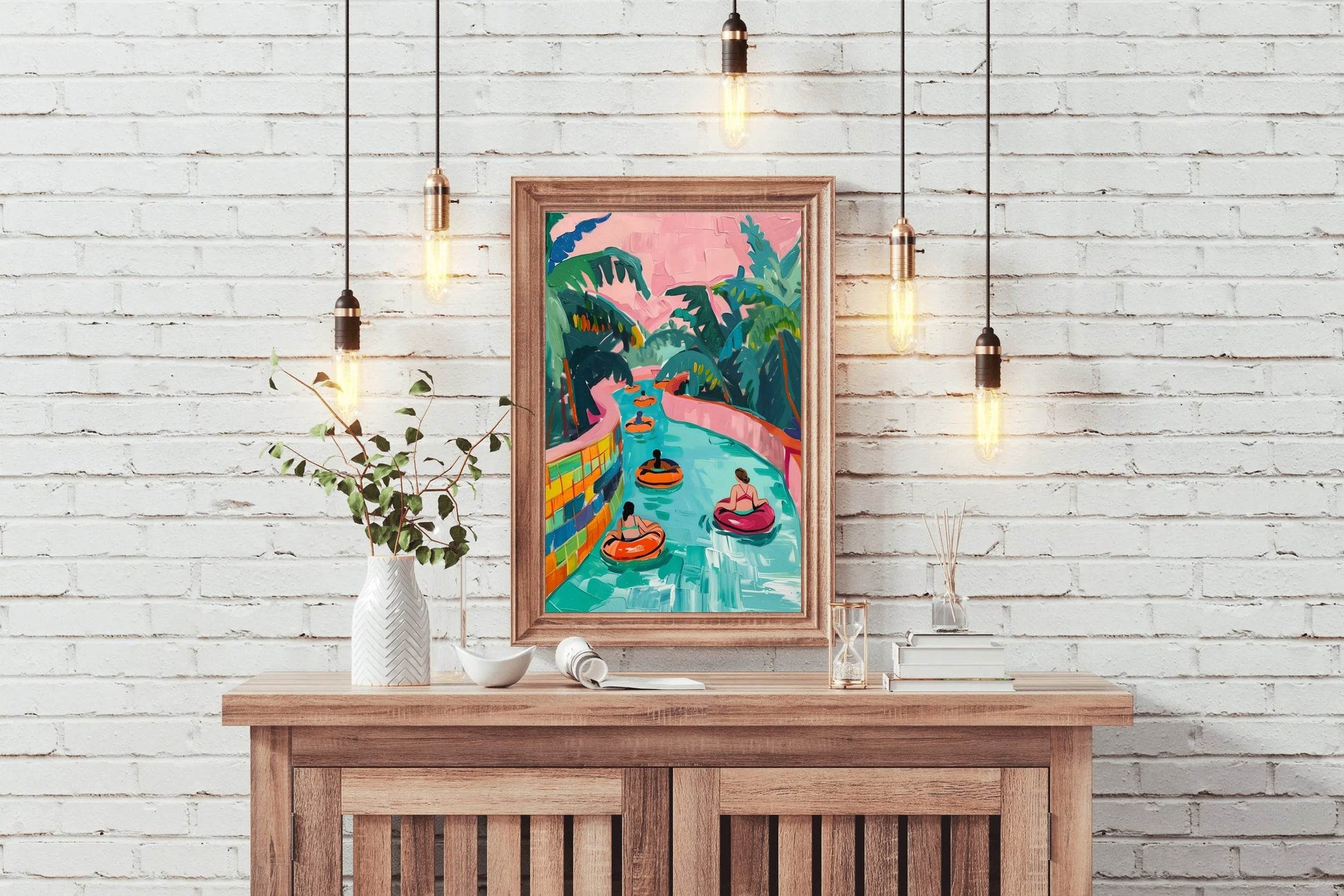 Painting of People in the Water with a Palm Tree Wall Art - beink online art store