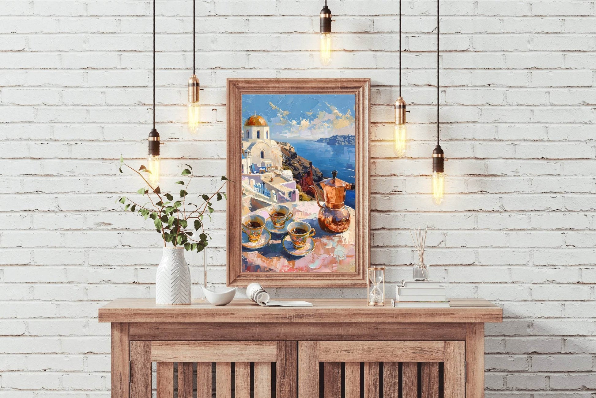 Morning Coffee with a View Greek Getaway Santorini Sunrise Wall Art - beink online art store