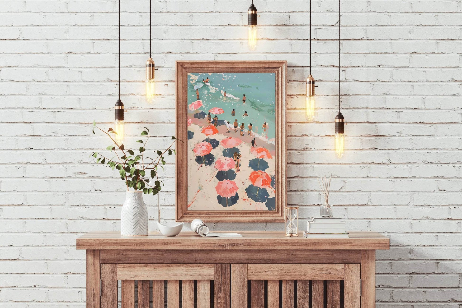 Painting People On The Beach With Umbrellas Wall Art - beink online art store