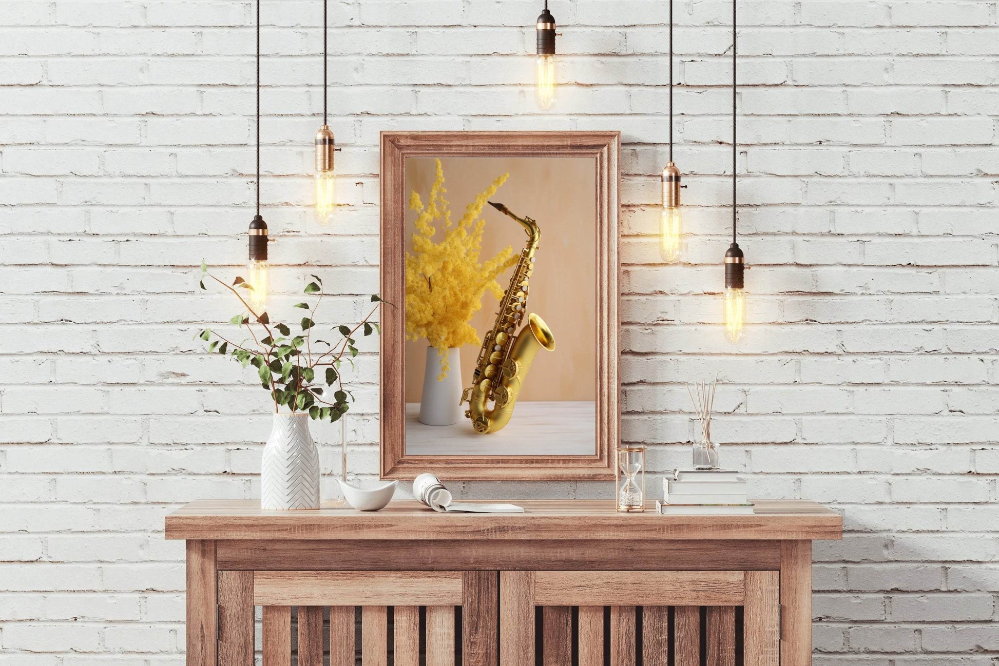 Golden Saxophone Next To Yellow Flowers Wall Art - beink online art store