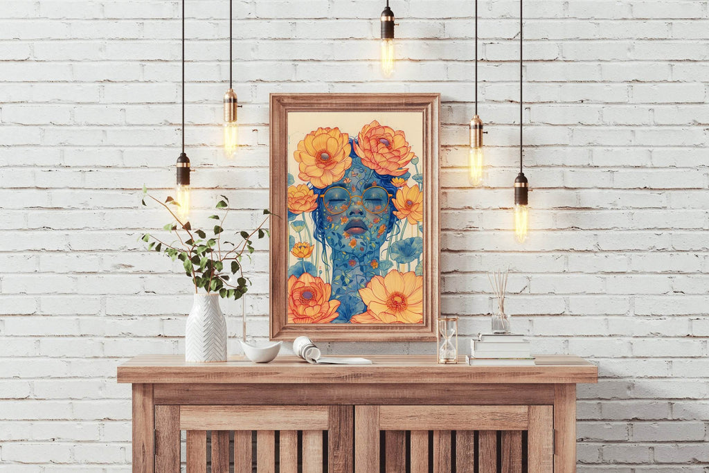 Floral Face of Lady with Orange Blossoms Wall Art - beink online art store