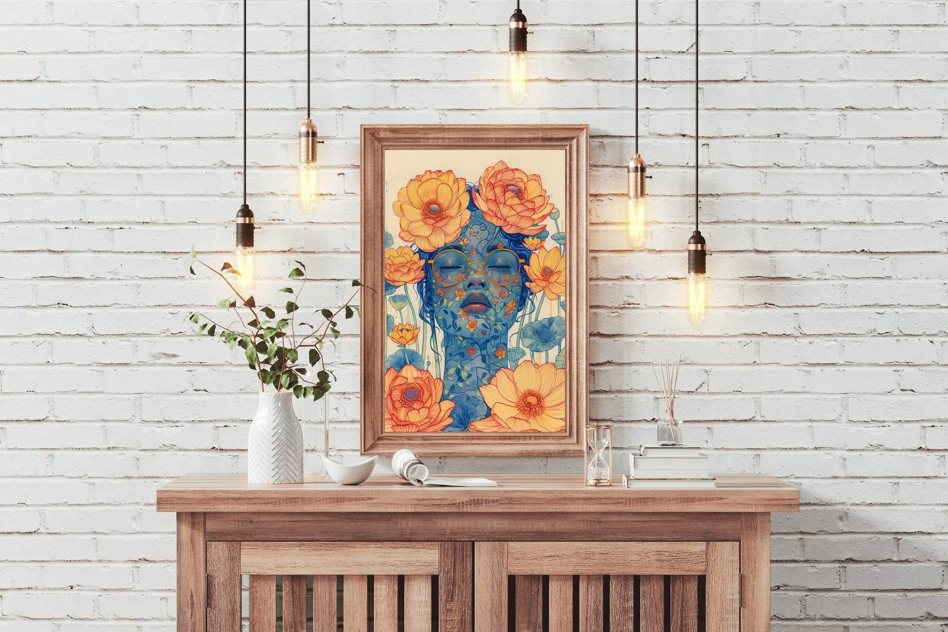 Floral Face of Lady with Orange Blossoms Wall Art - beink online art store