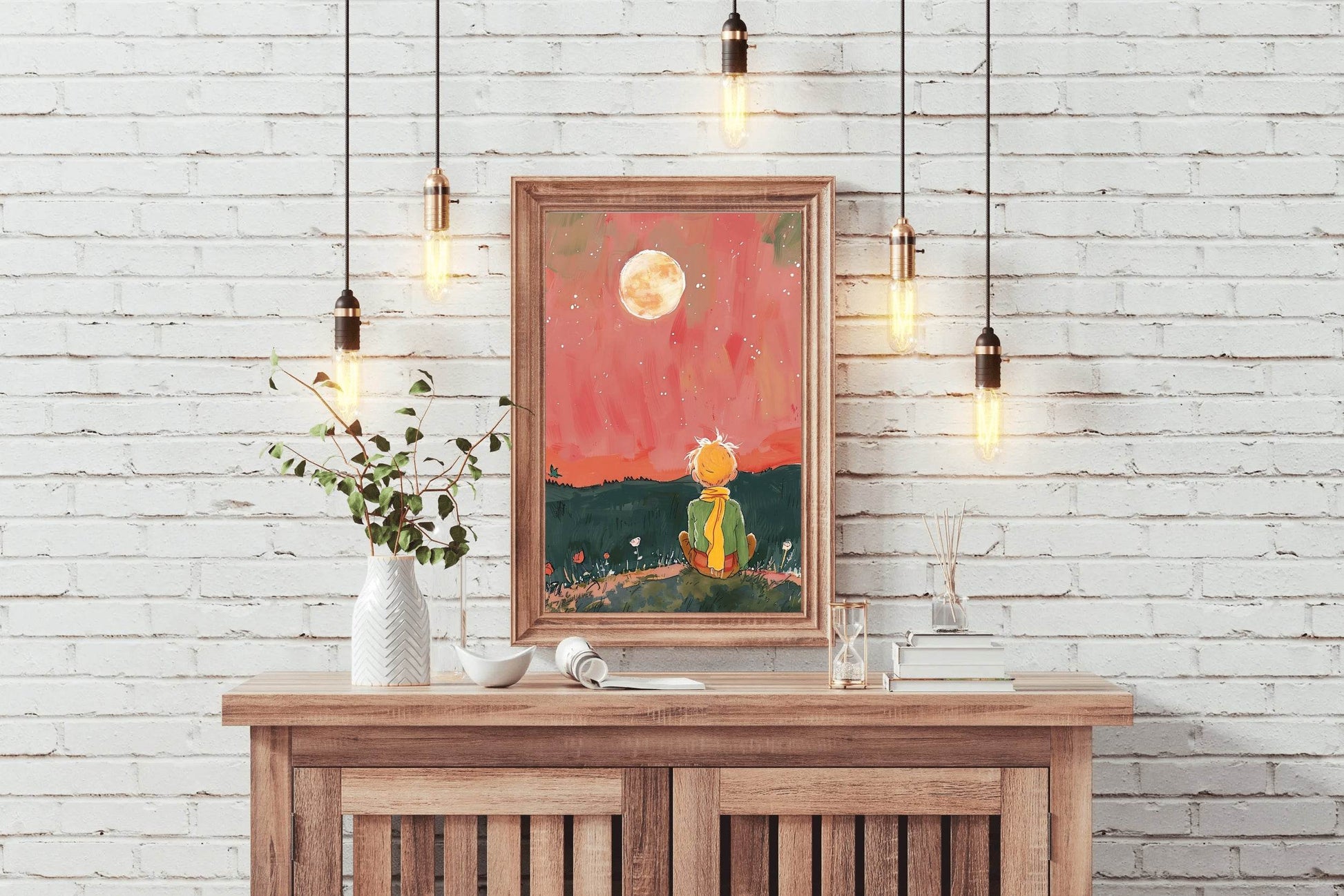 Brushed Illustration of a Boy Watching the Moon - beink online art store