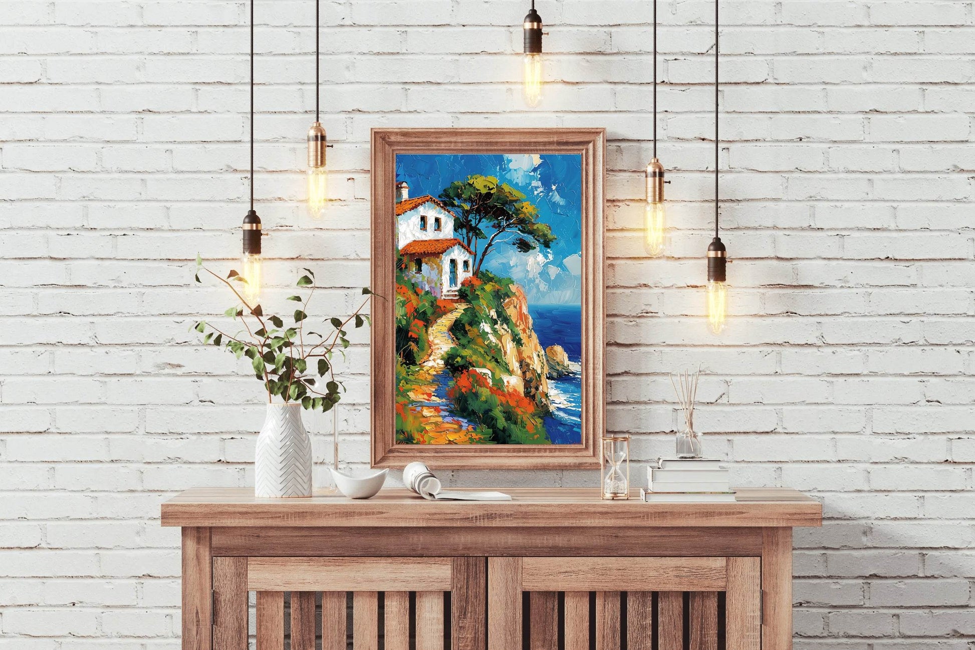 Painting Of Beach House On Cliff Wall Art - beink online art store