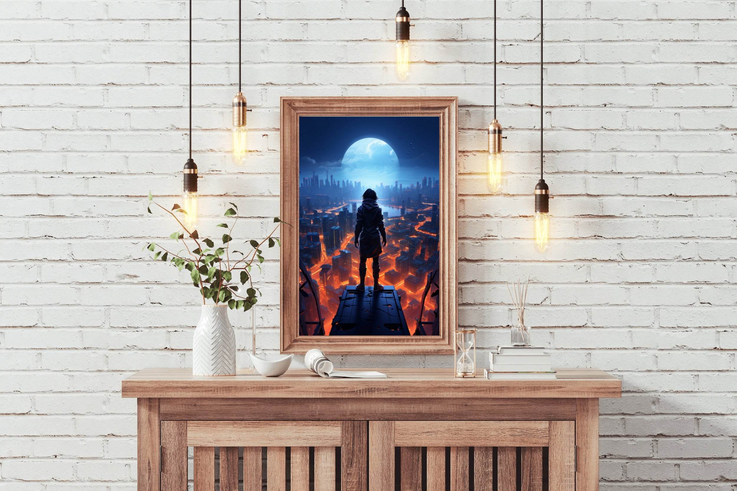 Man Stands On a Ledge Looking At a Cityscape Anime Wall Art - beink online art store