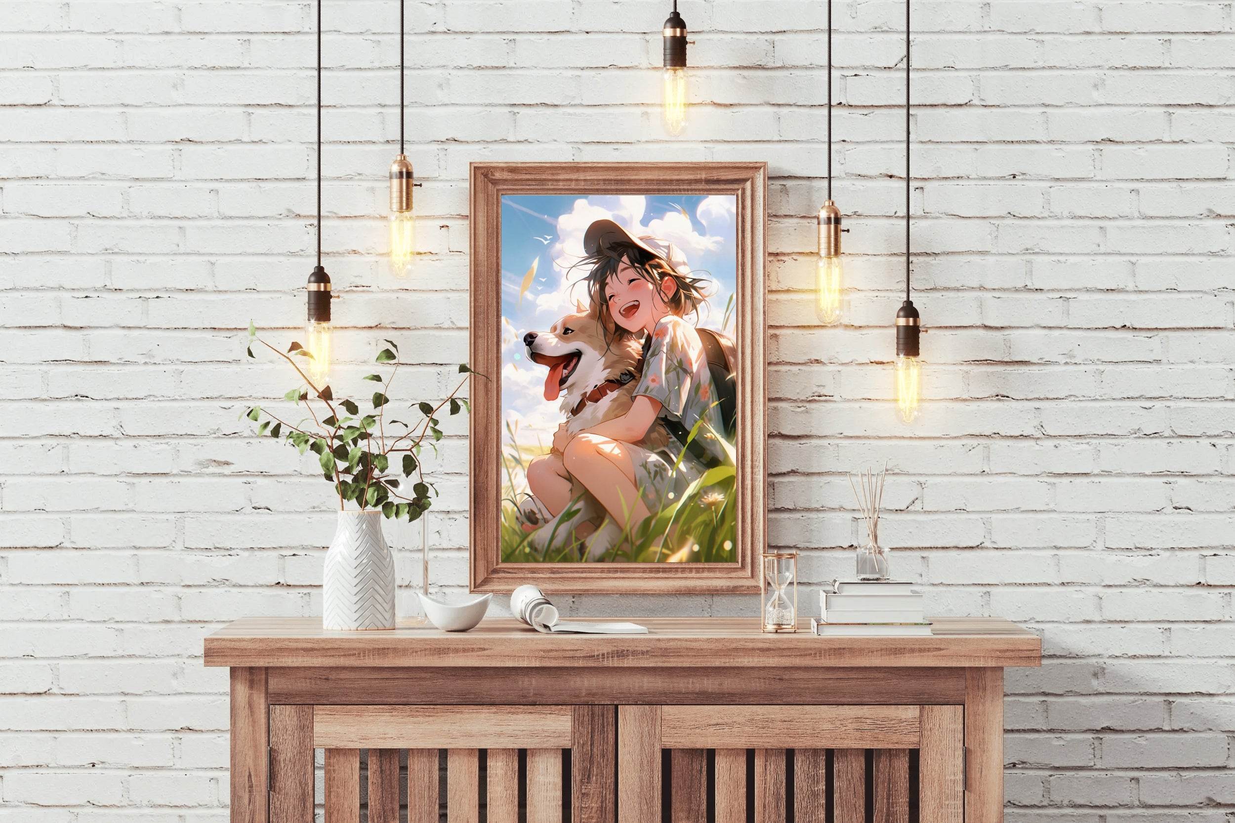Portrait of cute dog in anime style with owner Wall Art - beink online art store