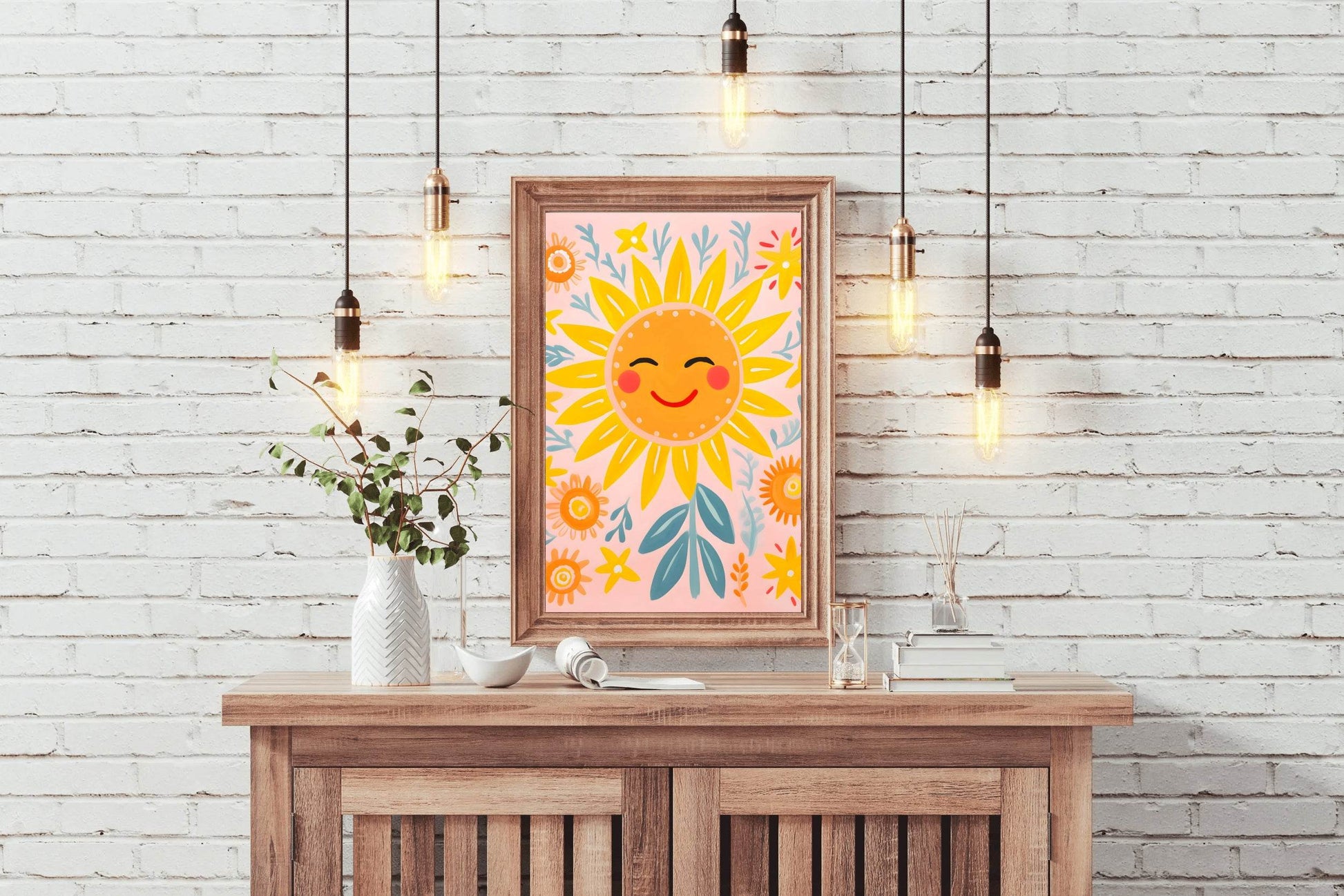 Painting of Smiling Sunflower With Floral Background - beink online art store
