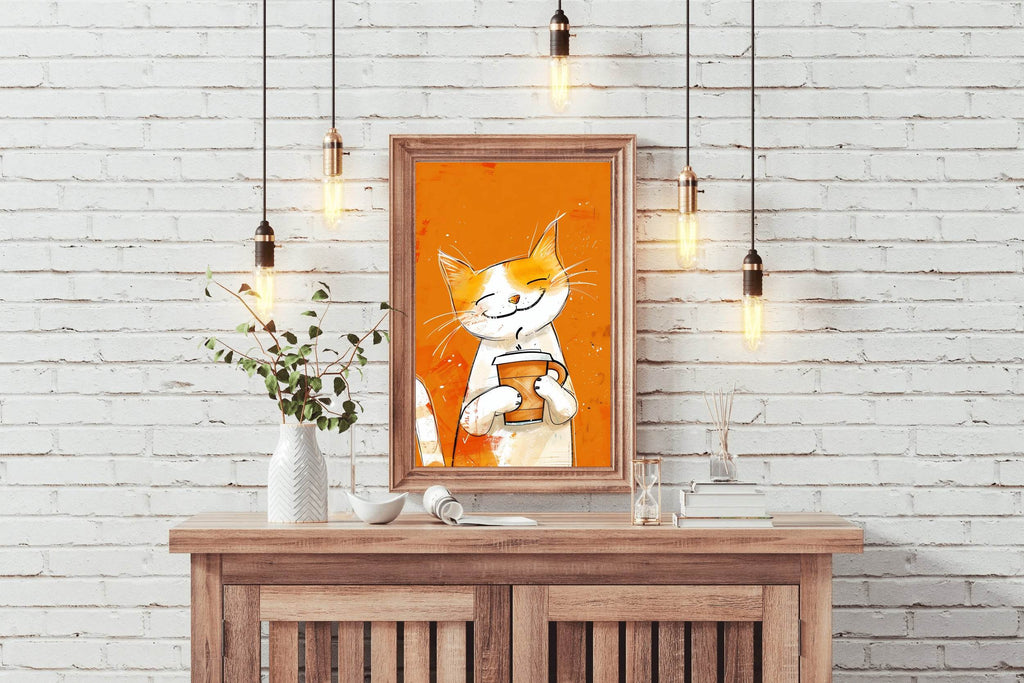 Painting of Cute Smiling Cat Holding Cup - beink online art store
