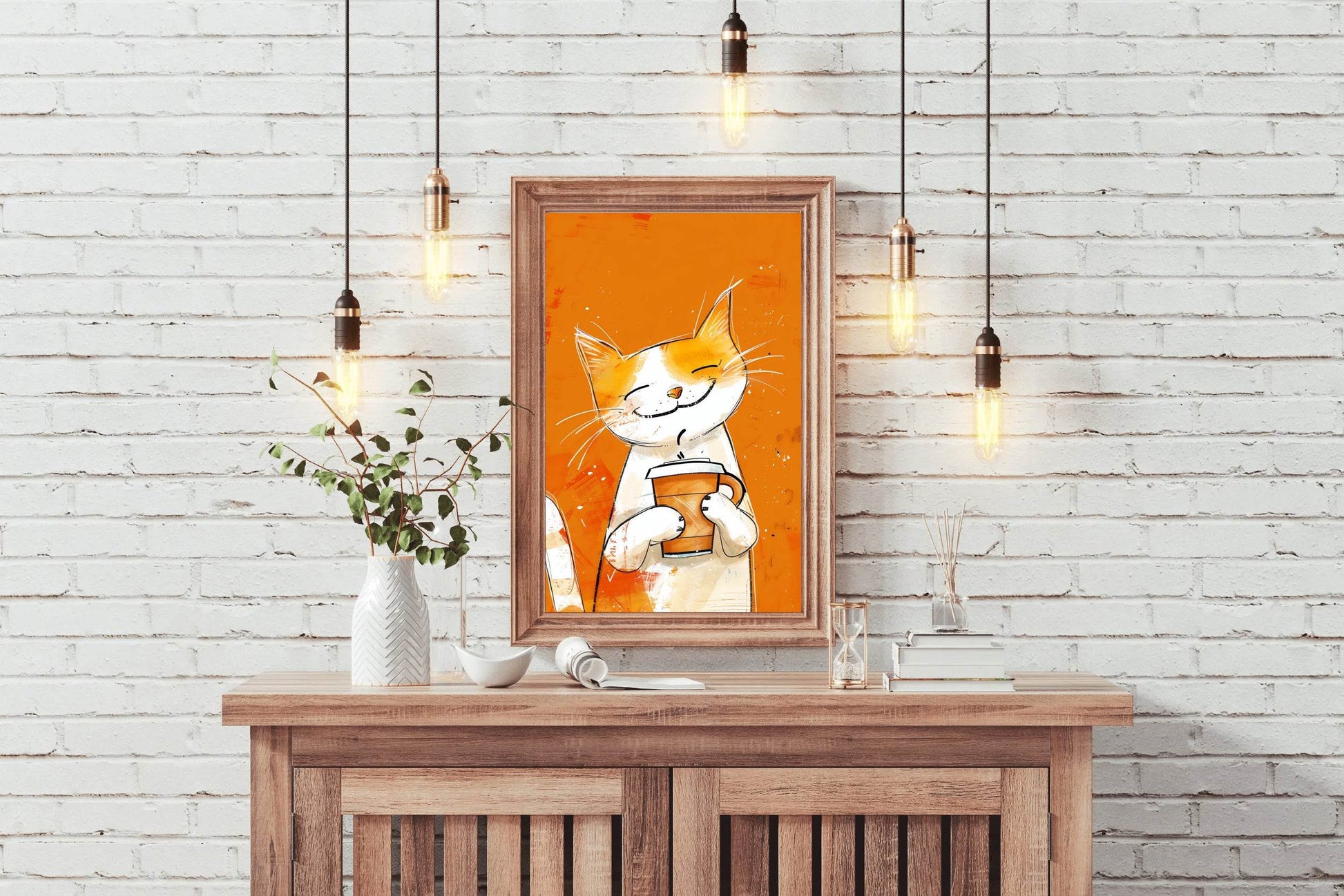 Painting of Cute Smiling Cat Holding Cup - beink online art store