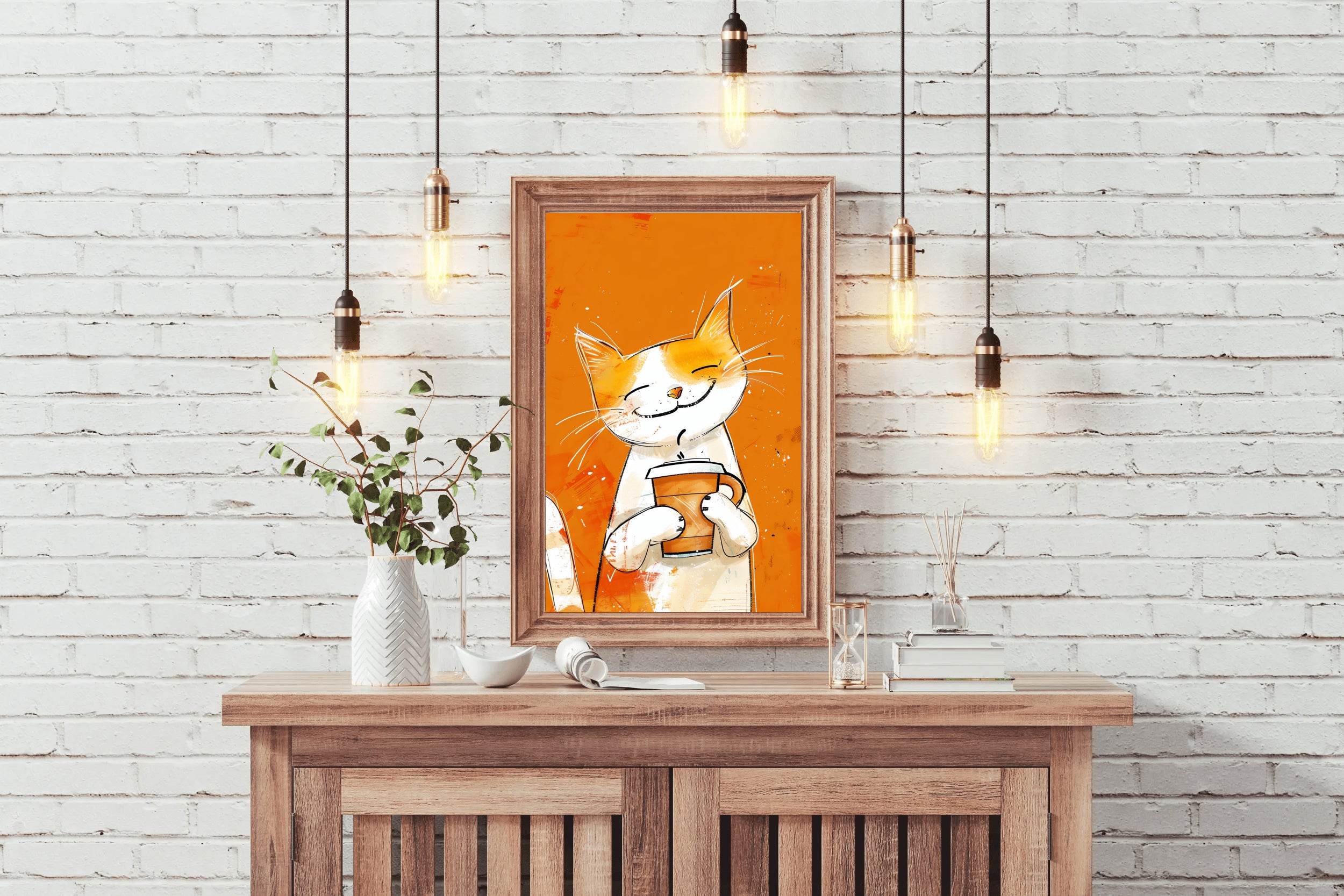 Painting of Cute Smiling Cat Holding Cup - beink online art store