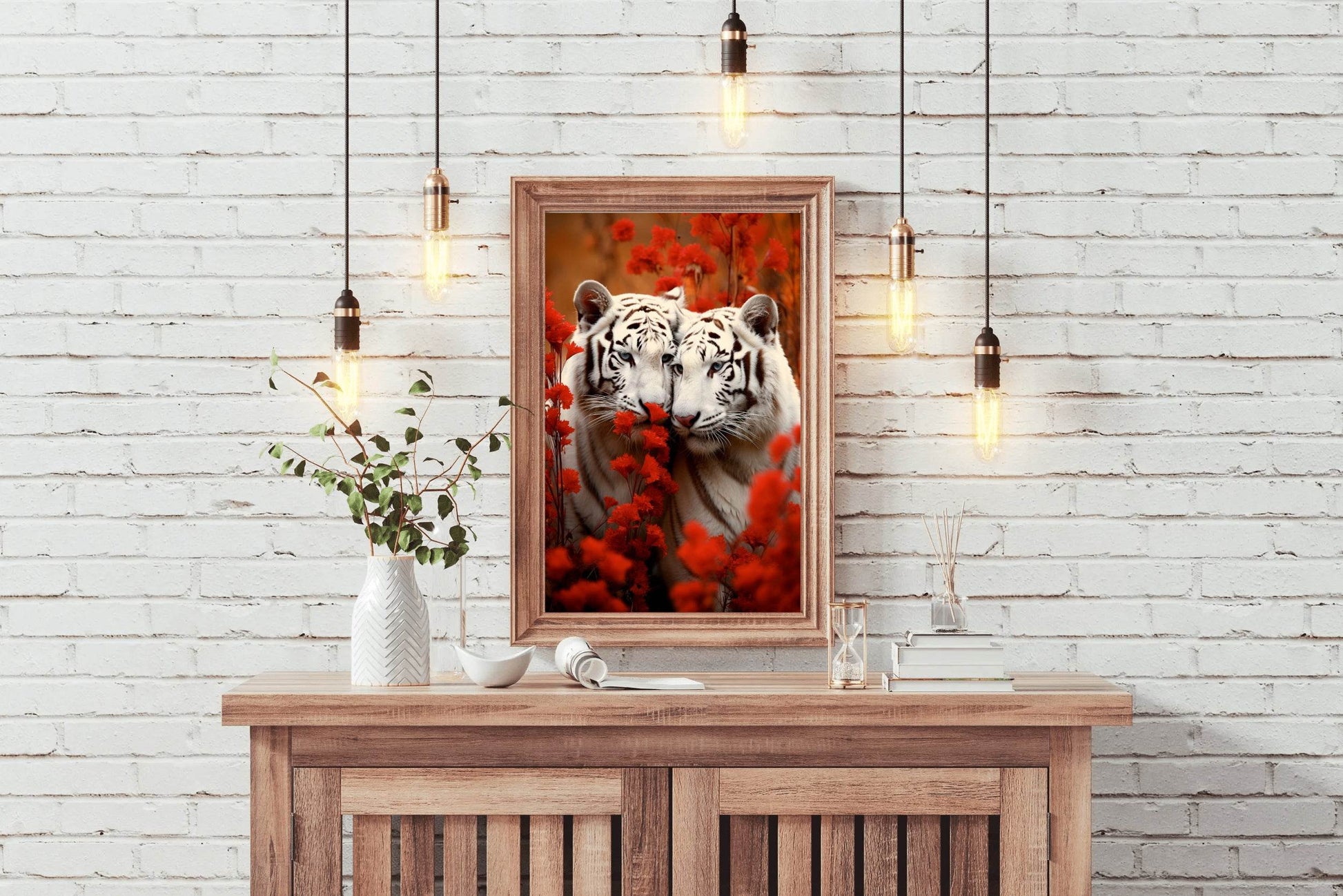 Wild White Tiger With Leaves Wall Art - beink online art store
