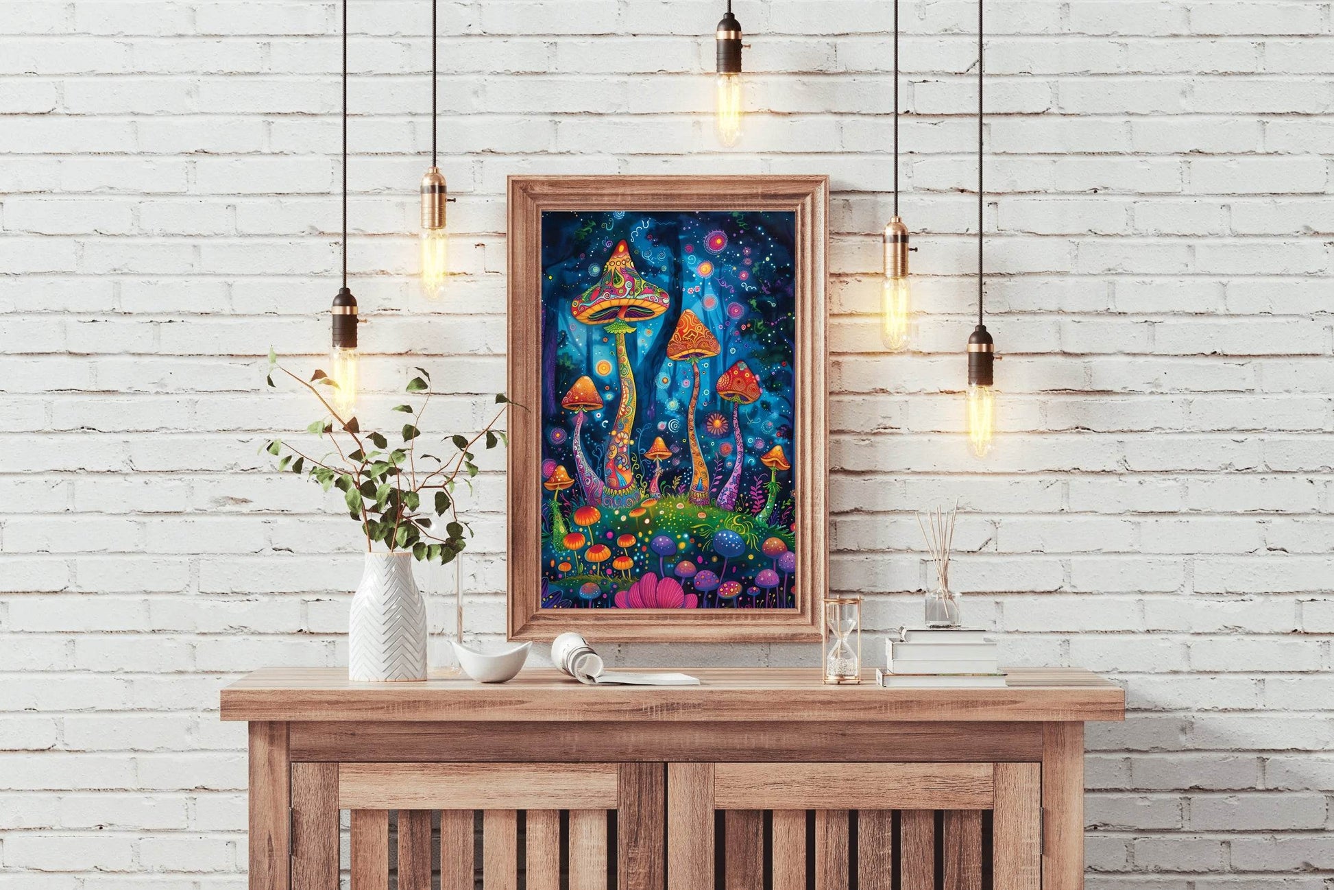 Brightly colored mushrooms and trees in a fantasy forest at night Wall Art - beink online art store