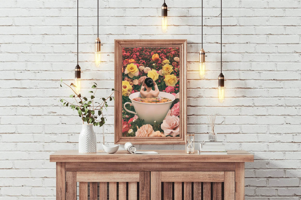 Woman in Tea Cup With Flower Background Wall Art - beink online art store