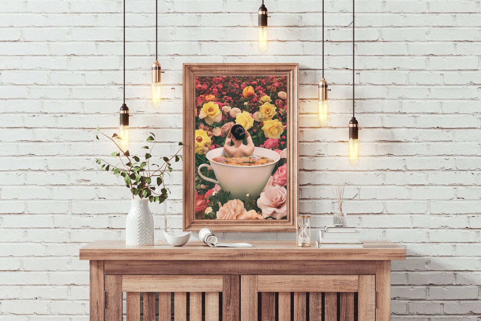 Woman in Tea Cup With Flower Background Wall Art - beink online art store