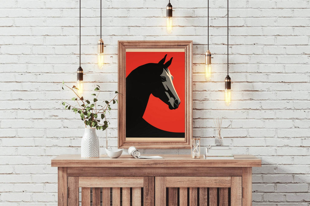 Black Horse Painted Drawing With Red Background - beink online art store