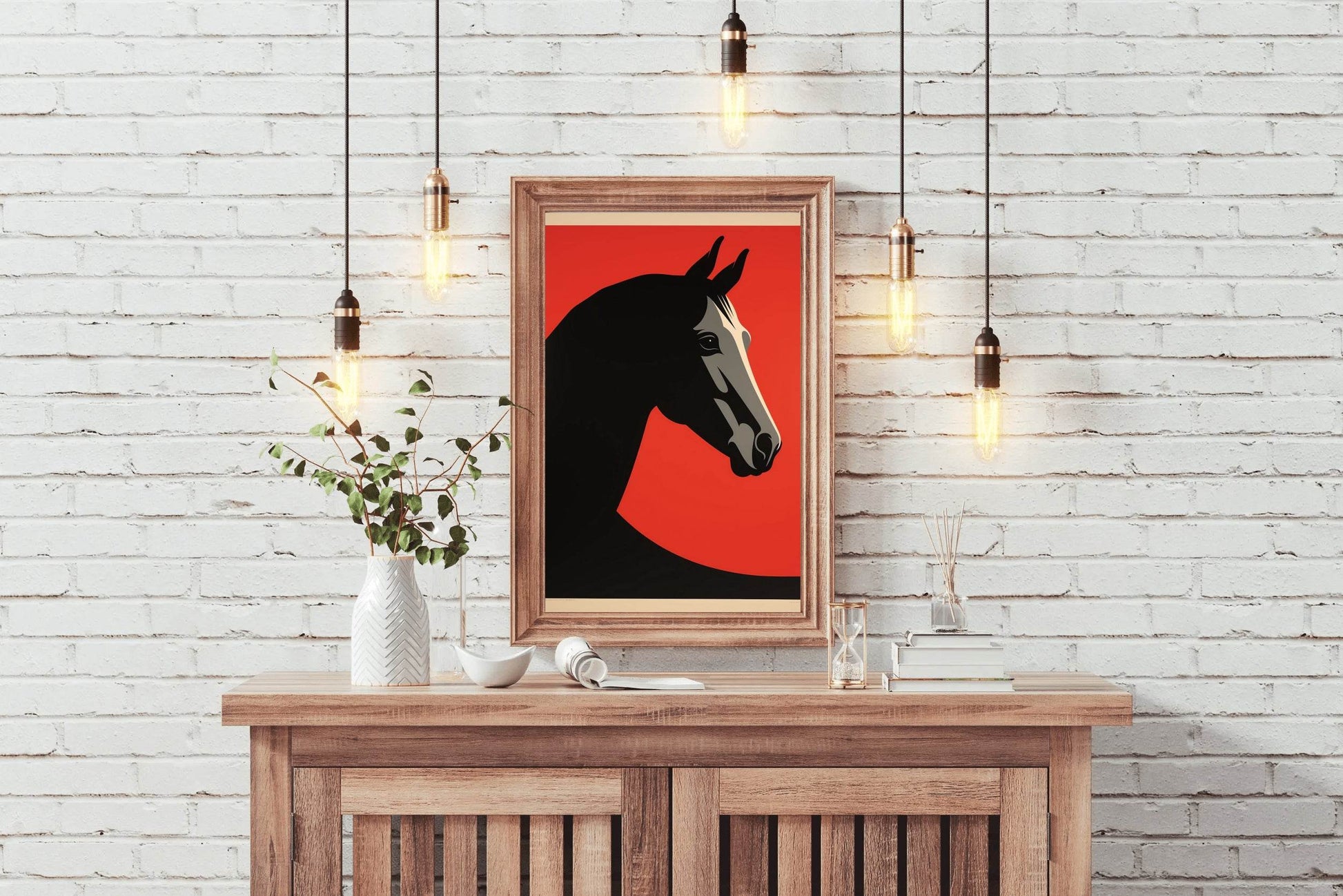 Black Horse Painted Drawing With Red Background - beink online art store