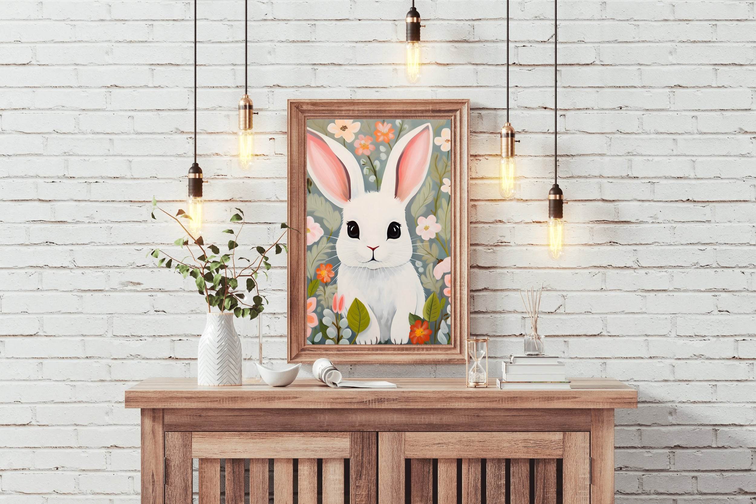 Cartoonish Painting of White Bunny - beink online art store