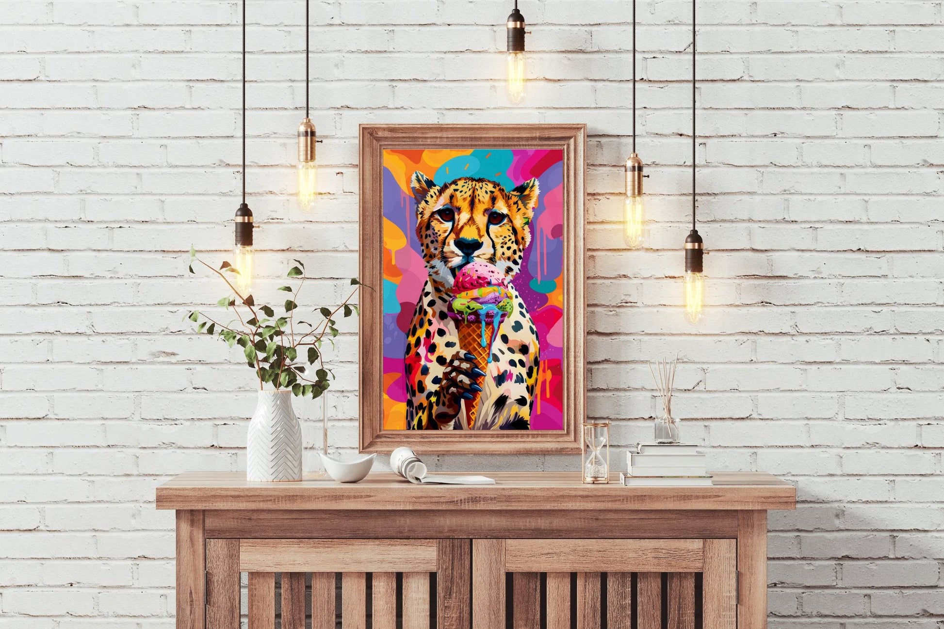 Cheetah's Colorful Background Having Ice cream Wall Art - beink online art store