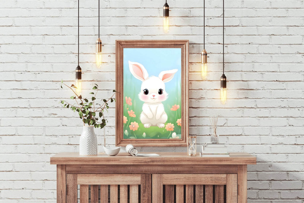 Smiling Cartoonish Bunny in the Garden - beink online art store