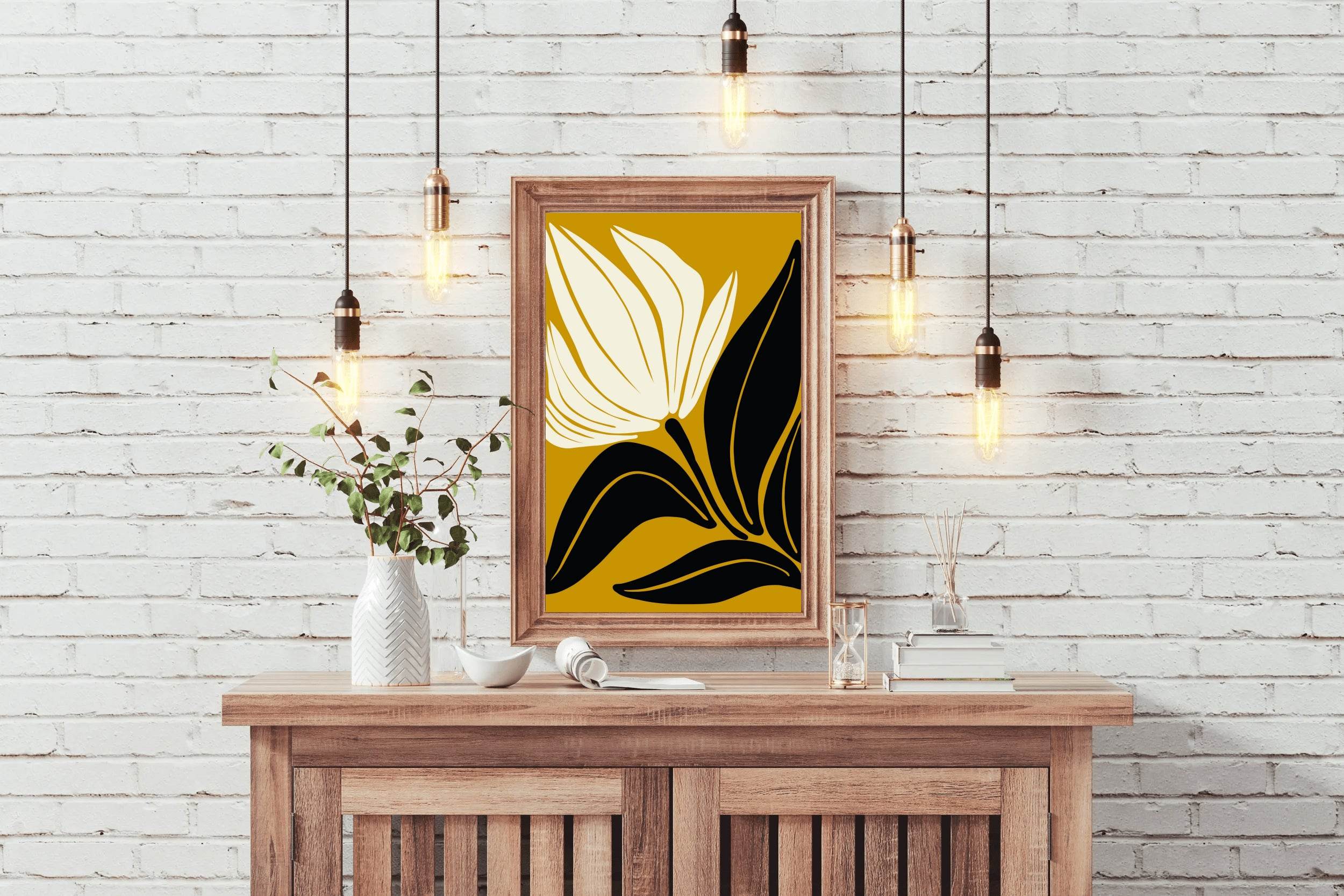 Stylized Flower Black and White on Gold ArtWork - beink online art store
