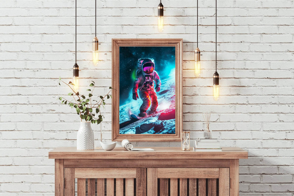 Astronaut with spacesuit on practicing snowboarding on the moon - beink online art store